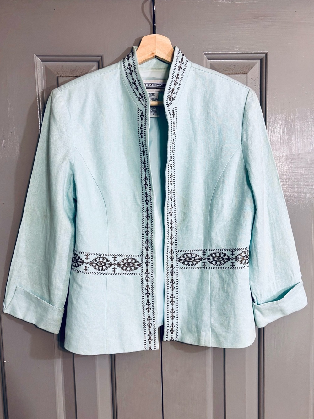 Jessica Howard Linen Blend Jacket Size 8 Light Blue Embroidered Blazer